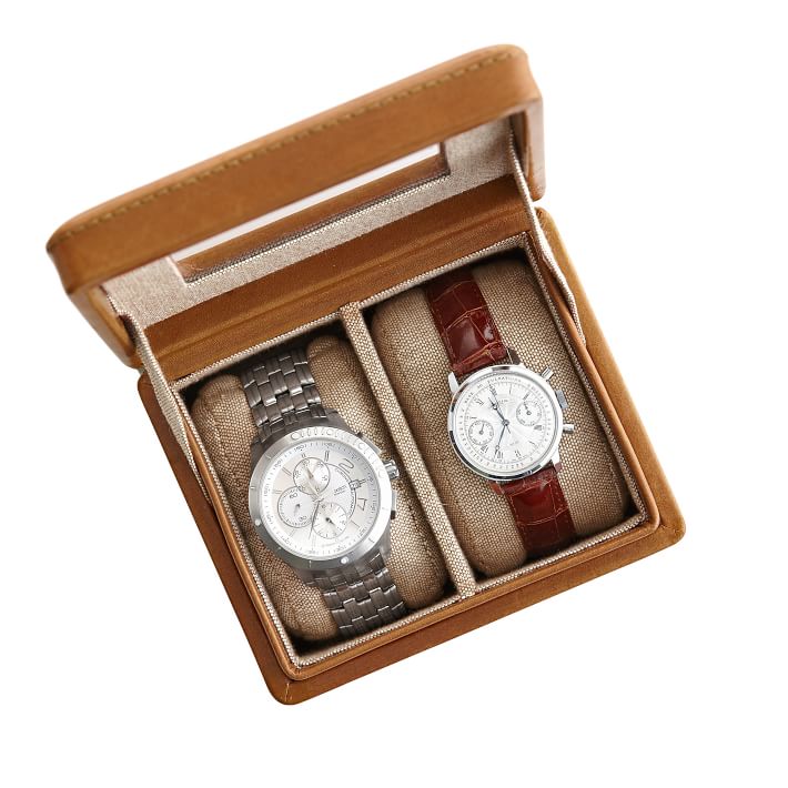 Monogrammed Rustic Leather 2-Slot Watch 