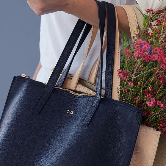 blue leather tote