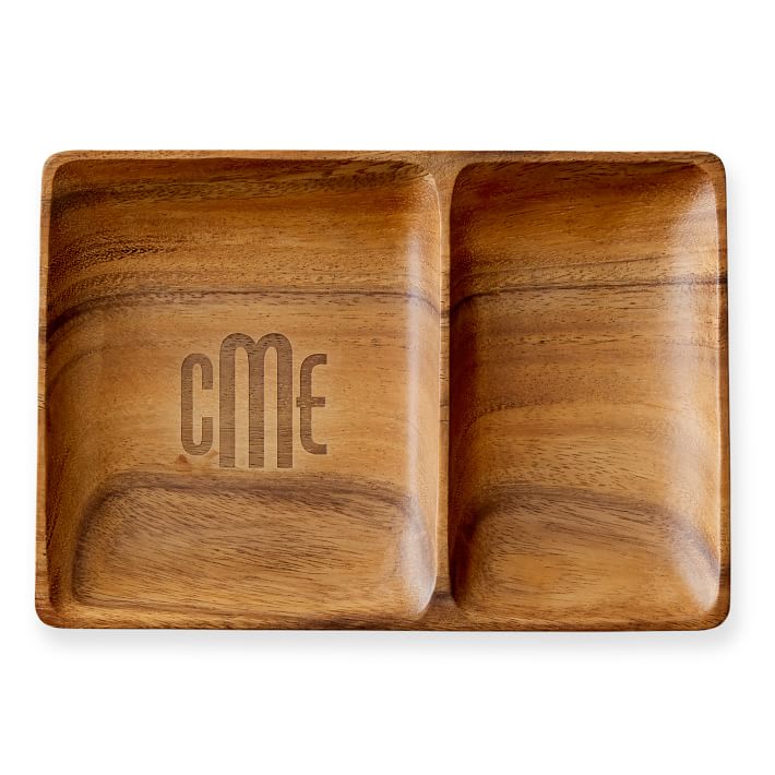 Wooden tray with two grooves and monogram engraving.