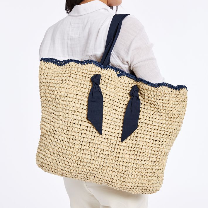 Scalloped leather-trimmed raffia tote S | odmalihnogu.org