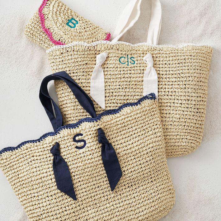 Ribbon Scalloped Raffia Tote and Clutch Set