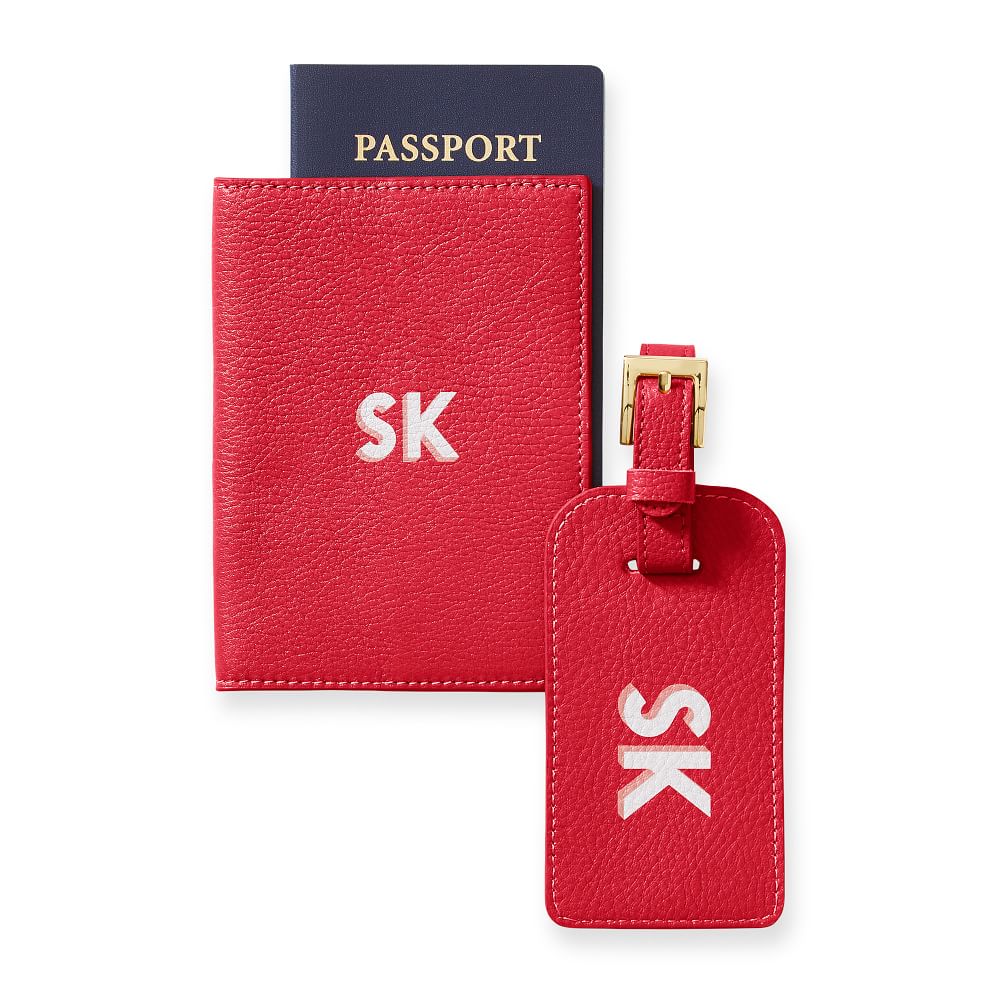 LEATHER LUGGAGE TAG AND PASSPORT CASE, PRINTED 