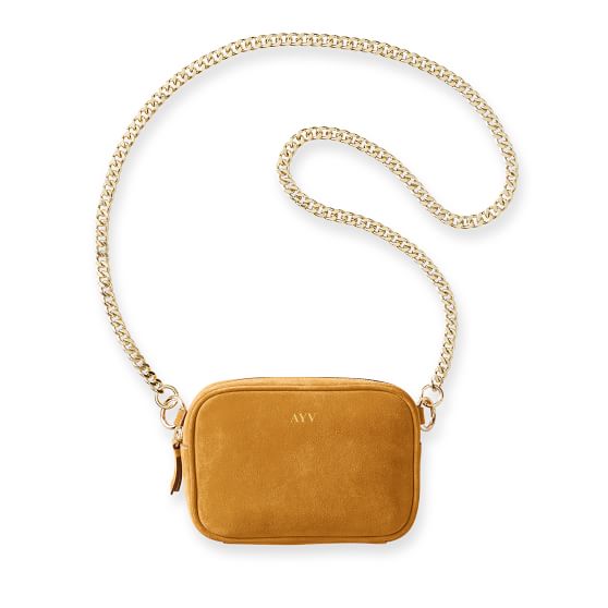 Honey Suede Handbag + Gold Double Chain Shoulder Strap Set