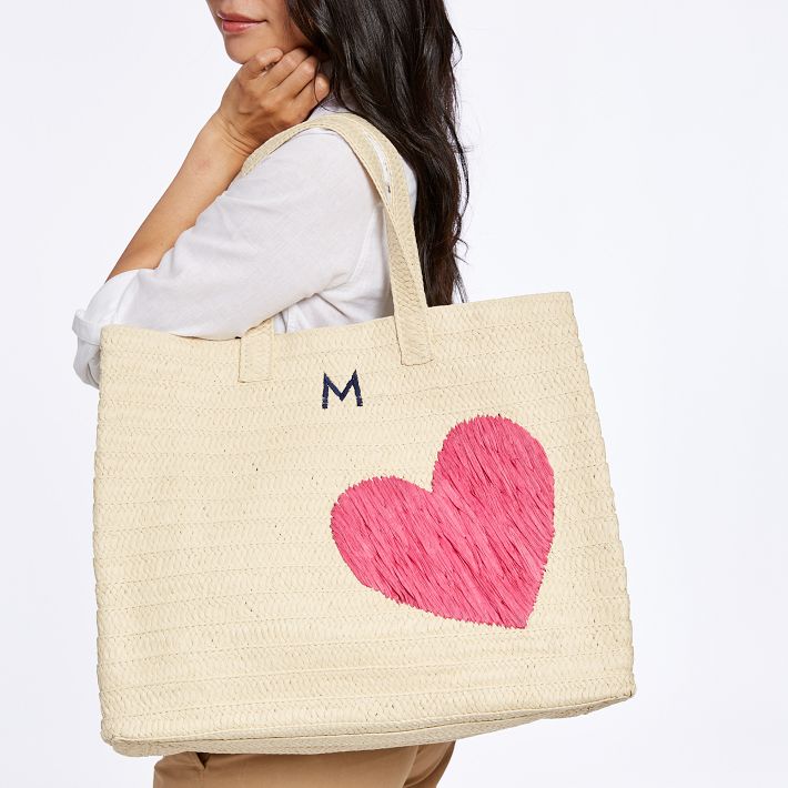 Hearts Embroidered Straw Beach Bag