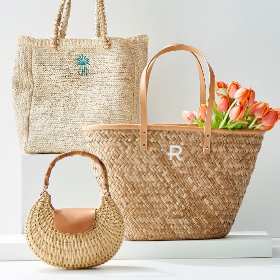 Woven Raffia Tote With Braided Leather Handle