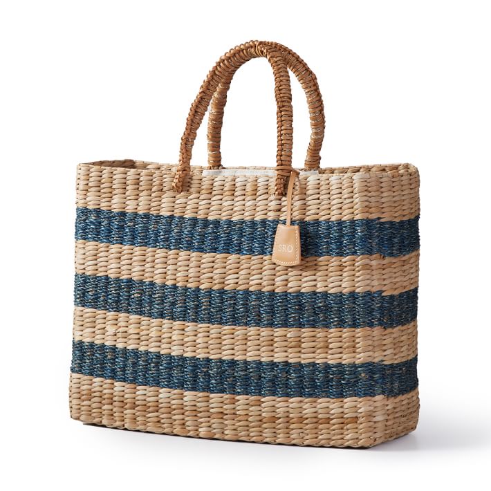 Round Straw Bag with Striped Interior