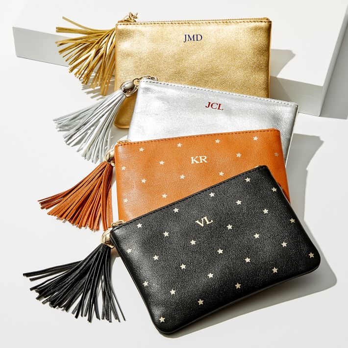 Monogrammed Leather Tassel Zipper Pouch