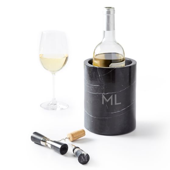 Personalized Marble Wine Chiller, Black with Custom Wine Glasses