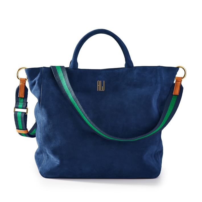 Navy Suede Tote with Green-Navy Twill Crossbody Strap Set