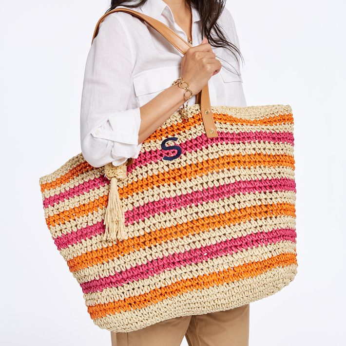 Straw Braided Striped Colored Tote Bag Natural Stripe