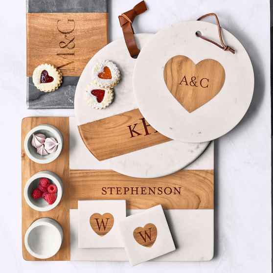 Personalized Wood and Marble Circle Heart Coaster Set of 4