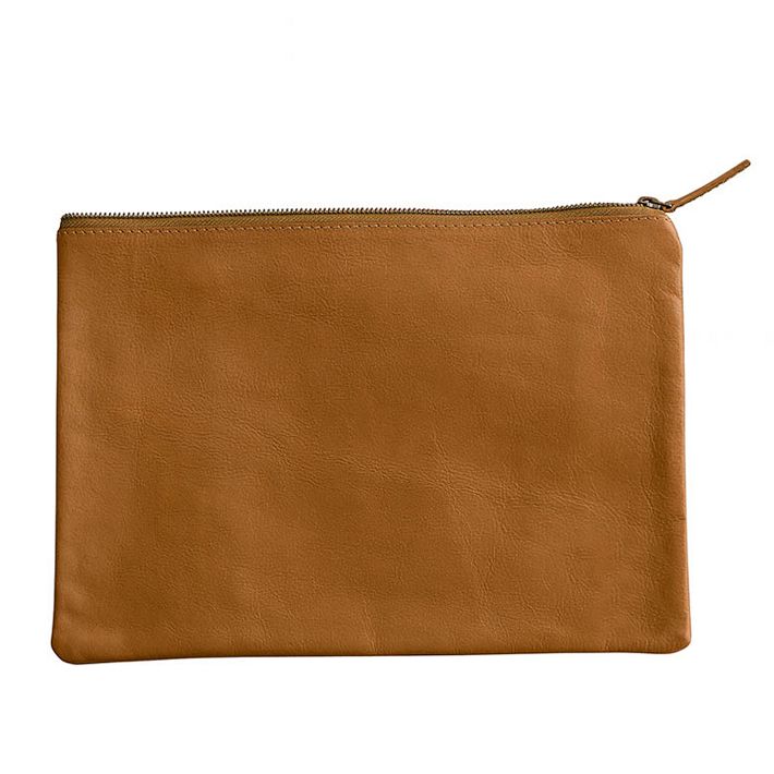 Everyday Leather Zipper Pouch, Corner Monogram, Camel - Personalized