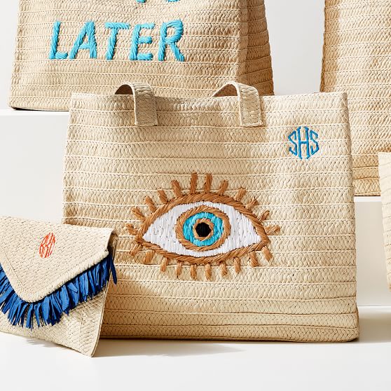 evil eye straw beach bag