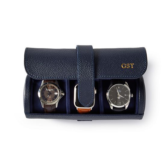 Navy pebbled-leather travel watch roll personalized with gold monogram initials