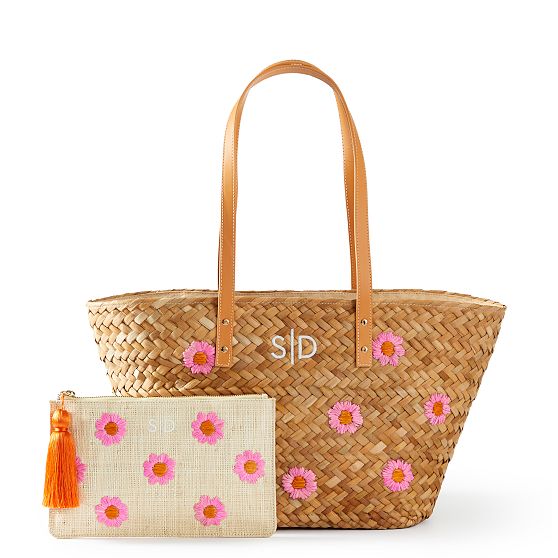 Embroidered Palm Leaf Tote and Raffia Pouch Set