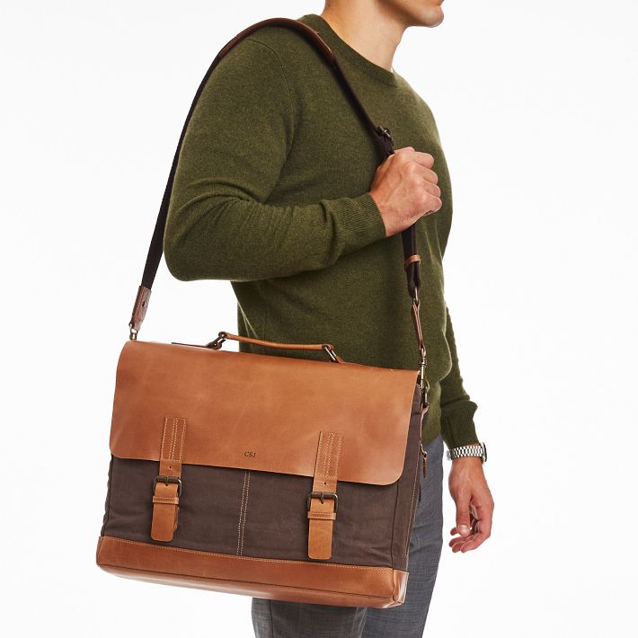 Beckett Waxed Canvas and Leather Messenger Briefcase Khaki