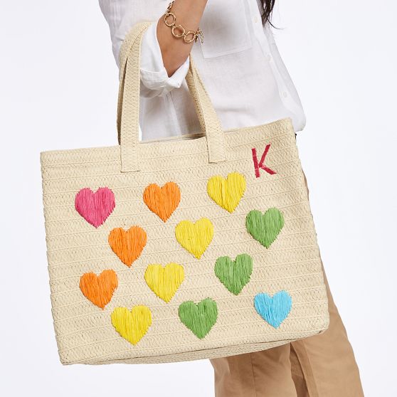 Colorful Hearts Straw Beach Tote