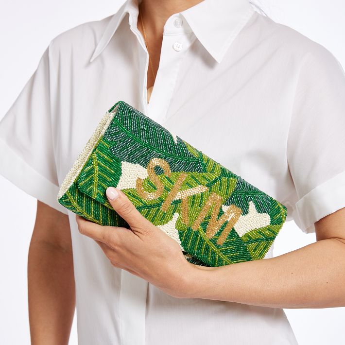 Palm Print Beaded Foldover Crossbody Clutch