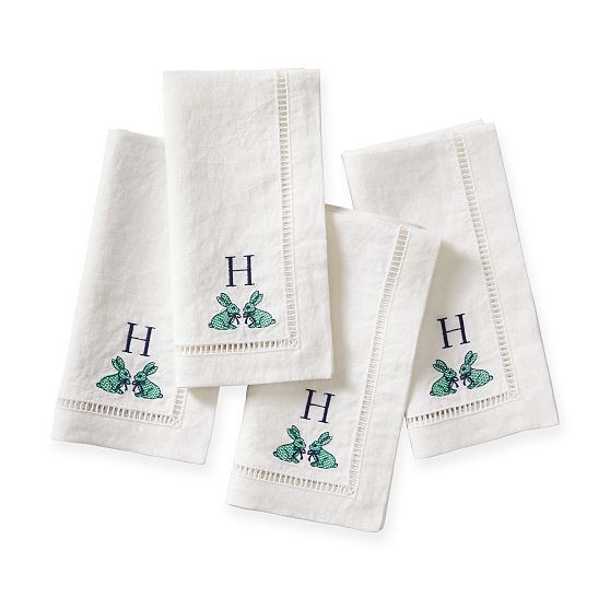 Embroidered Bunny Linen Dinner Napkins, Set of 4