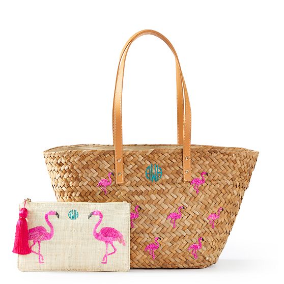 Embroidered Palm Leaf Tote and Raffia Pouch Set