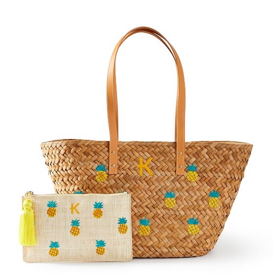 Embroidered Palm Leaf Tote and Raffia Pouch Set