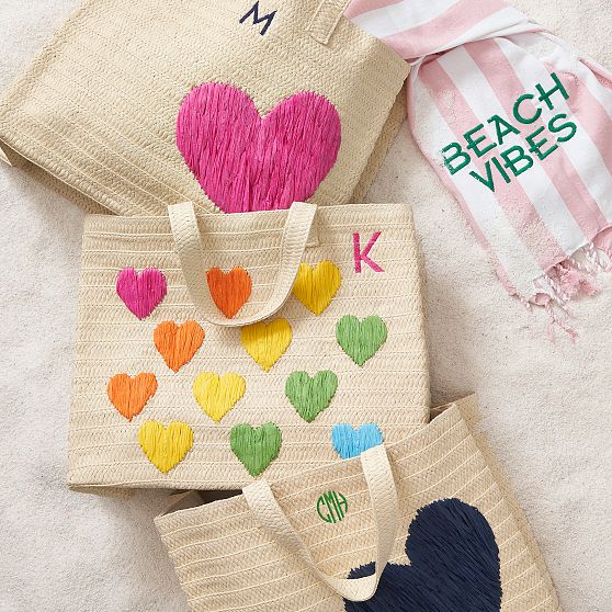 Colorful Hearts Straw Beach Tote