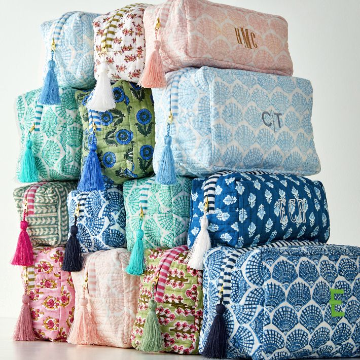 Set Of 5 Quilted Block Printed Cosmetic Bags For Beach Quilted Makeup Bag, Cosmetic Bag, Travel Pouch, Handmade Makeup Bag, Quilted Pouch 2024