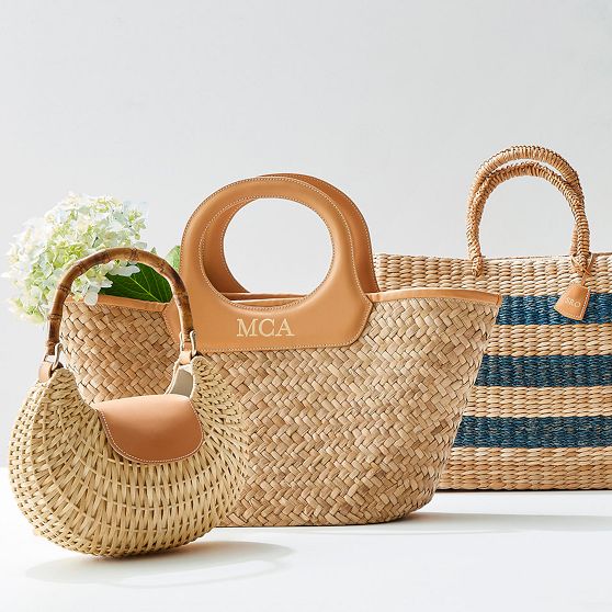 Leather Circle Handle Straw Beach Bag Mark and Graham