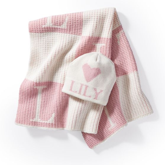 Initial Block Baby Stroller Blanket and Knitted Hat Gift Set