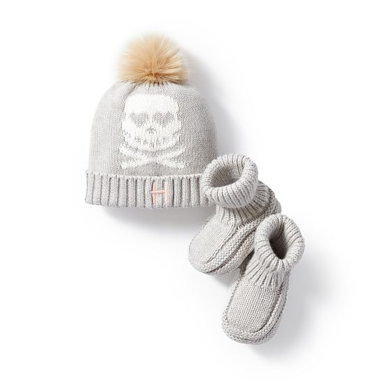 Skull and Crossbones Pom Pom Hat &amp; Bootie Set