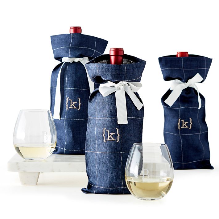 Windowpane Linen Wine Bag, Set of 3