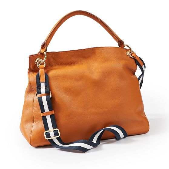 Camel Handbag with Navy-White Crossbody Strap