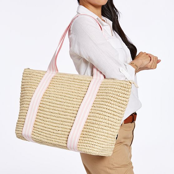 Ribbon Straw Zip-Top Travel Tote