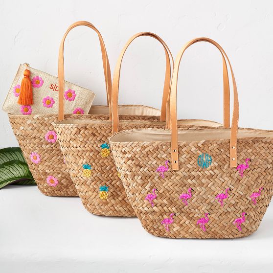 Embroidered Palm Leaf Tote and Raffia Pouch Set