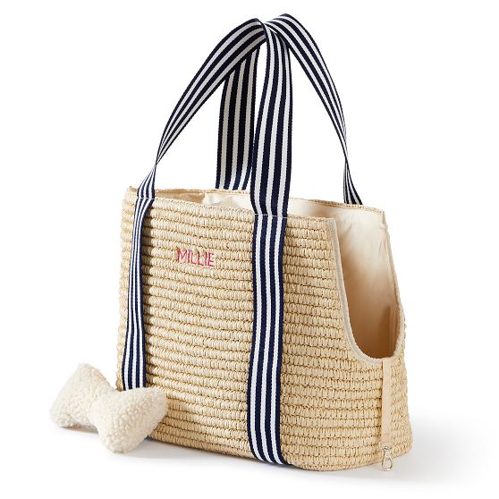 Striped Twill Straw Pet Tote