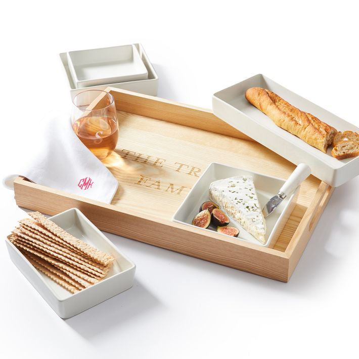 Rectangle Ash Wood and Ceramic 5-Piece Serving Set