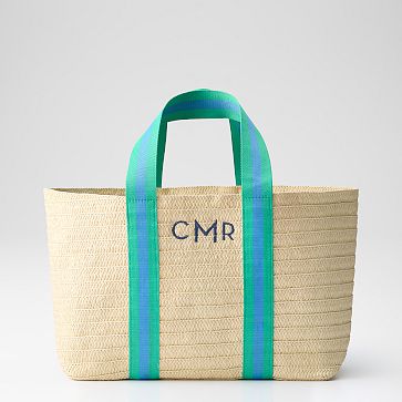 Oversized Ribbon Straw Beach Tote, Blue-Green