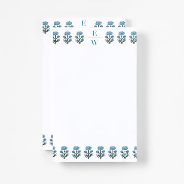Personalized Stationery Notepads, Set of 2, Block Print, White-Blue Flower