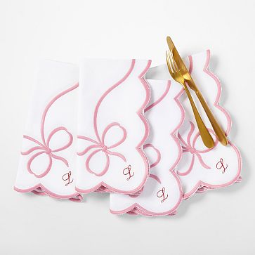 Embroidered Bow Dinner Napkins, Set of 4, Pink