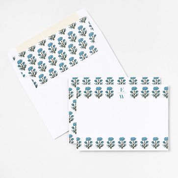 Personalized Stationery Notecards, Set of 24, Block Print, White-Blue Flower