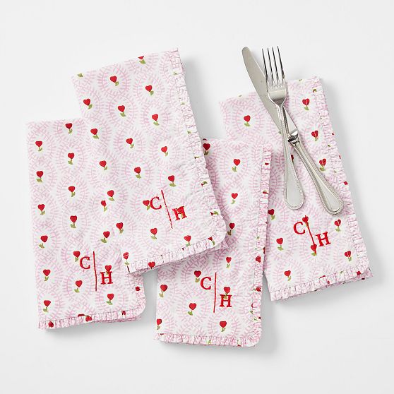 Block Print Ruffle Edge Dinner Napkins, Set of 4