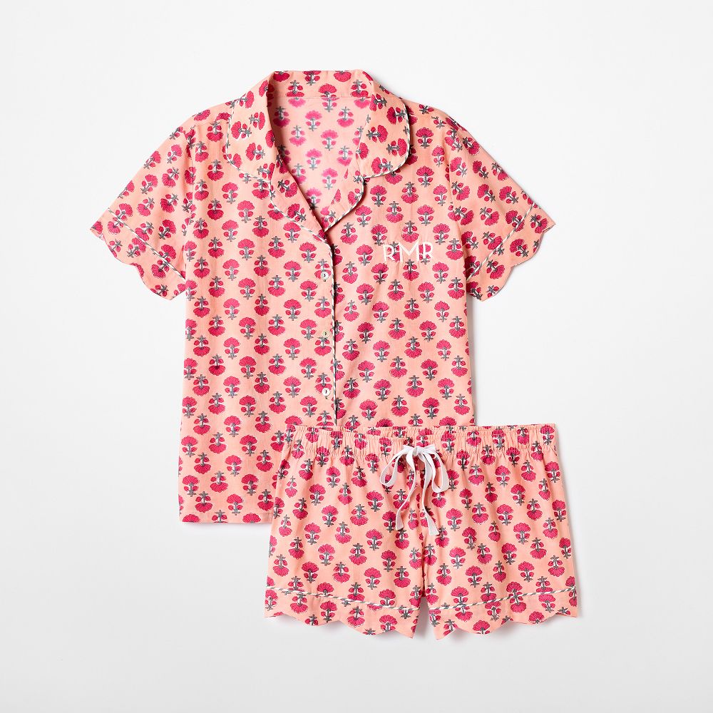 Block Print Short Pajama Set, Small, Coral Fan Flower