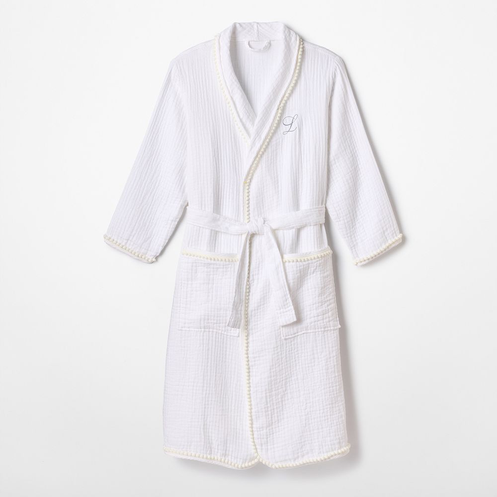 Pom Trim Cotton Bath Robe, X-Small-Small, White