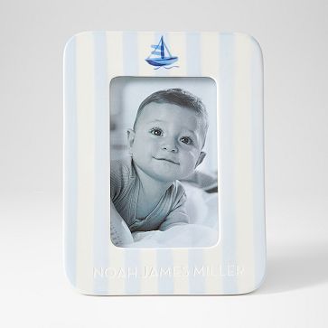 Hand Painted Ceramic Frame, Blue-White Stripe
