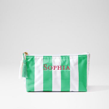 Clear Coated Travel Pouch, Small, Green-White Stripe