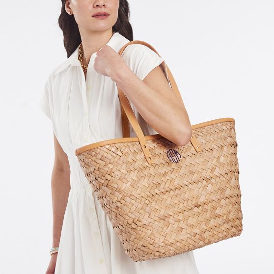 Palm Leaf Tote With Leather Strap