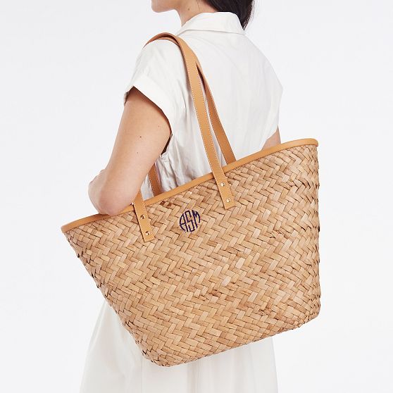 Palm Leaf Tote With Leather Strap