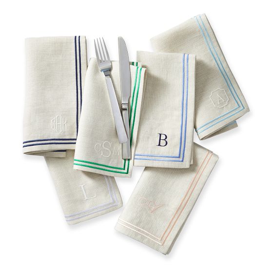 Herringbone Border Linen Napkins, Set of 4