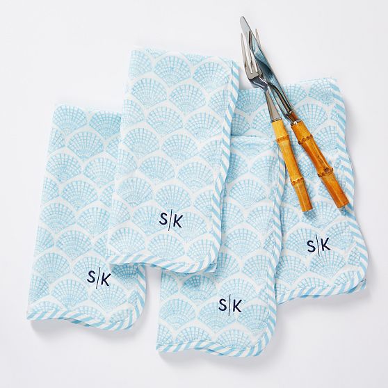 Shell Block Print Scalloped Napkins, Set of 4