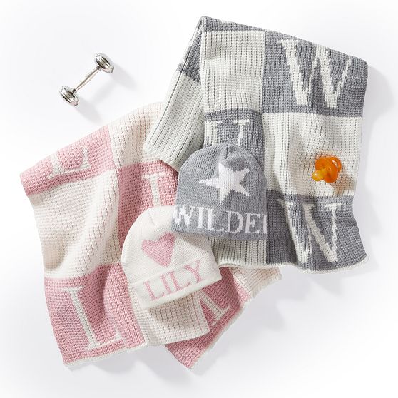 Initial Block Baby Stroller Blanket and Knitted Hat Gift Set